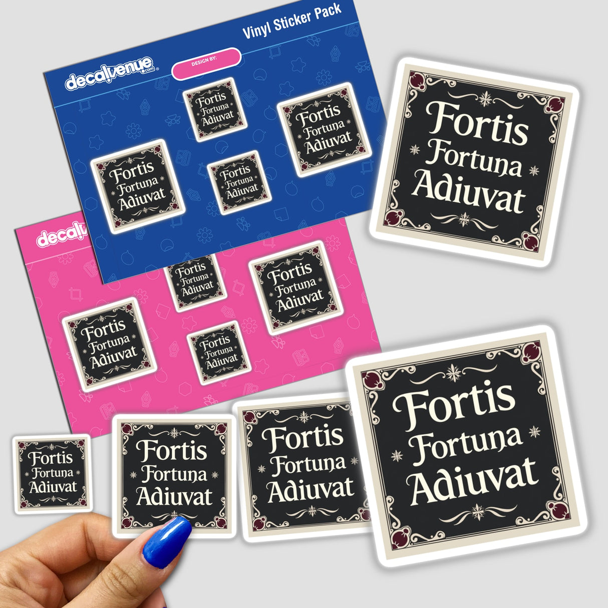 Hand displaying Fortis Fortuna Adiuvat Sticker, featuring bold text design, suitable for sale as a sticker or digital artwork, aligning with Decal Venue's unique stickers and digital art offerings.