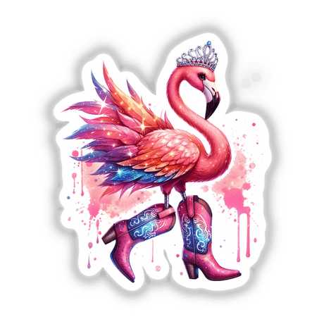 Cowboy Princess Flamingo Bird I: A whimsical illustration of a pink flamingo adorned with a crown and cowboy boots, available as stickers or digital artwork.