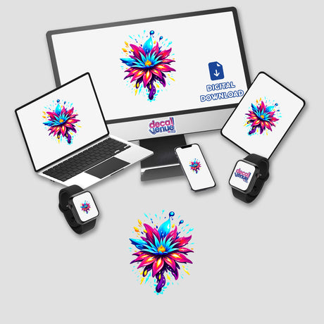 A Colorful Spring Flower displayed on a computer monitor and laptop, available as stickers or digital artwork, showcasing vibrant floral designs from Decal Venue's unique collection of vinyl stickers and digital art.