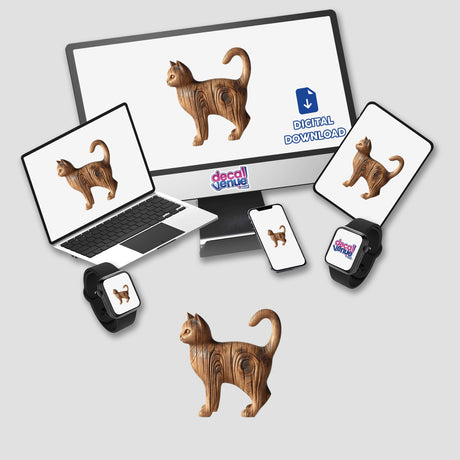 Carved Wood Cat displayed on a computer monitor and laptop screen, representing Decal Venue's unique stickers and digital art offerings.