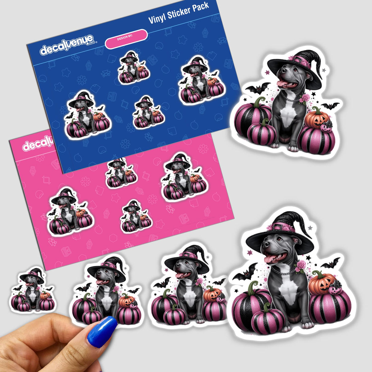 Halloween Pitbull Dog w/ Glitter Pumpkins sticker featuring a cartoon dog in a hat surrounded by pumpkins.