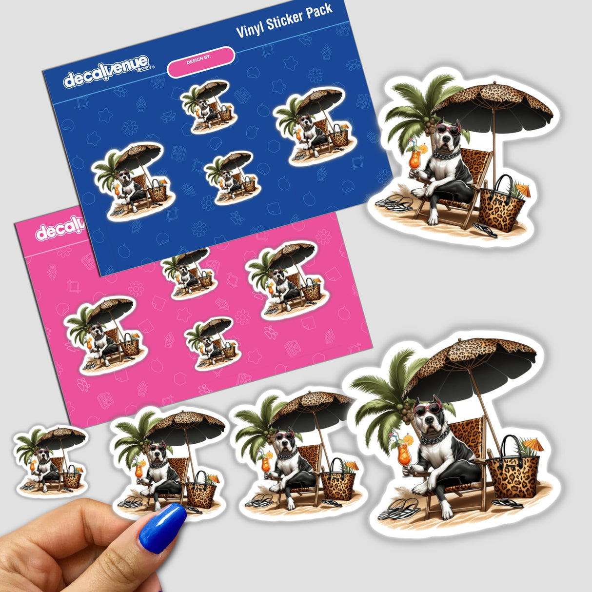 Pitbull Dog Having a Beach Day sticker pack featuring playful illustrations of a dog lounging on a beach chair, capturing a whimsical summer vibe. Available as stickers or digital artwork.