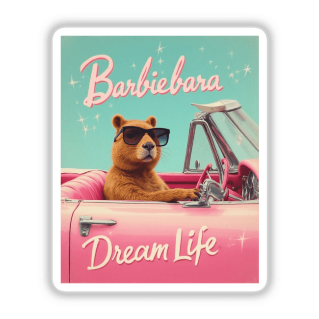 Barbiebara Dream Life Sticker or Clipart showcasing a cute capybara in a pink convertible, wearing sunglasses, as part of a playful Barbie parody design. Available with commercial rights.