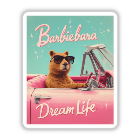 Barbiebara Dream Life Sticker or Clipart showcasing a cute capybara in a pink convertible, wearing sunglasses, as part of a playful Barbie parody design. Available with commercial rights.