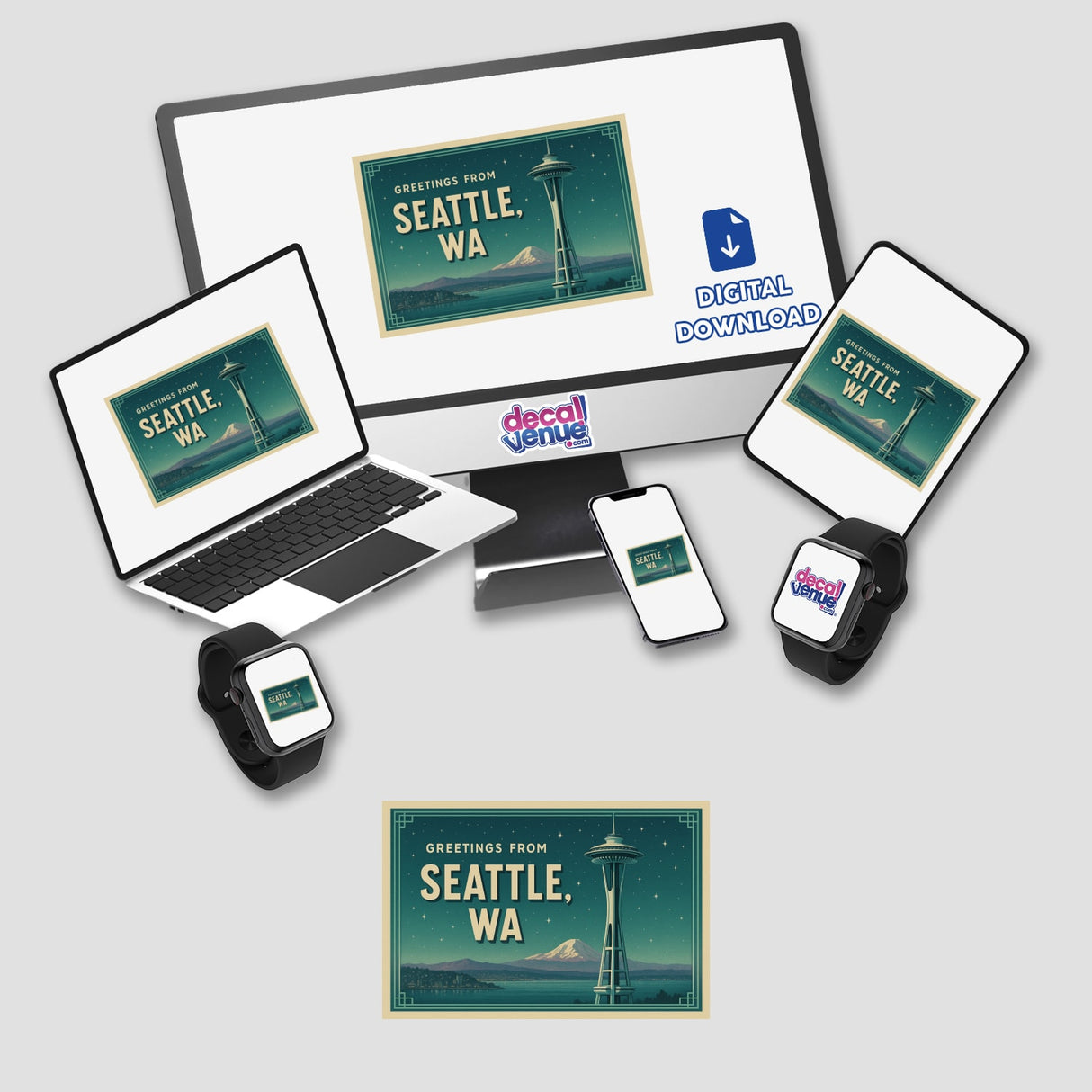 Greetings from Seattle Postcard Sticker or Clipart featuring vintage Space Needle art, available as stickers or digital artwork, showcasing a retro design with commercial rights for creative and personal use.