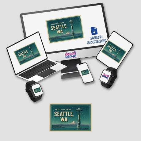 Greetings from Seattle Postcard Sticker or Clipart featuring vintage Space Needle art, available as stickers or digital artwork, showcasing a retro design with commercial rights for creative and personal use.