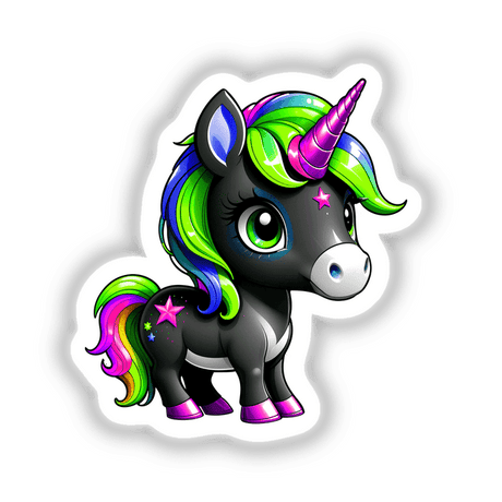 Cute And Magical Pony Unicorn illustration featuring a cartoon unicorn with rainbow hair and horn. Available as stickers or digital artwork from Decal Venue, known for unique designs.