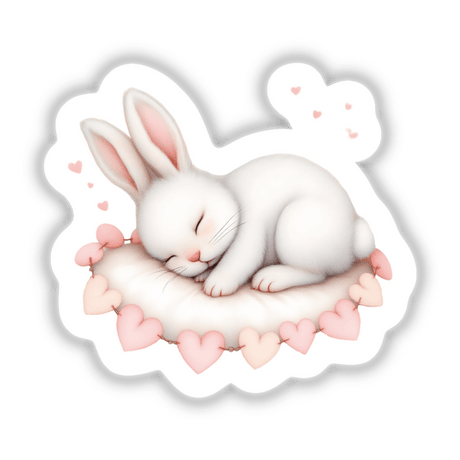 Watercolor Sleeping Baby Bunny with a Heart Garland depicted as a charming, serene bunny resting on a pillow, perfect for adding whimsy and warmth to any space with its delicate design.