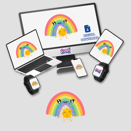 Happy rainbow and smiley sun design displayed on electronic devices, including a laptop, tablet, smartphone, and smartwatch, available as stickers or digital artwork.