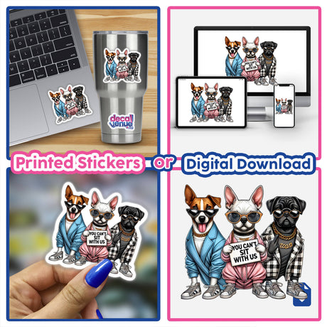 Trendy Pooches Dogs You Can’t Sit With Us: Collage featuring stylish dogs in clothes and sunglasses, available as stickers or digital artwork from Decal Venue.