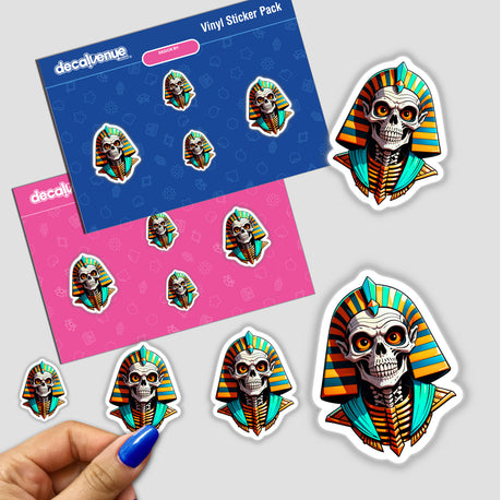 A Cool Egyptian Pharaoh Skull sticker pack featuring skeletons in pharaoh garments, held in a hand, perfect for fans of unique designs from Decal Venue.