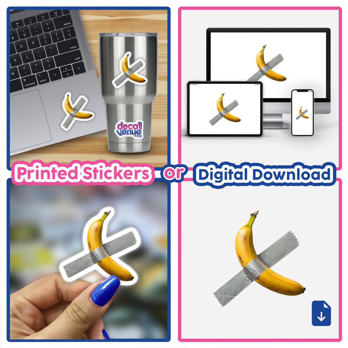 Banana Duct Tape Art: Unique sticker or digital download featuring a banana with duct tape, embodying Decal Venue's distinct artistic flair.