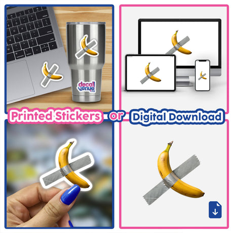 Banana Duct Tape Art: Unique sticker or digital download featuring a banana with duct tape, embodying Decal Venue's distinct artistic flair.