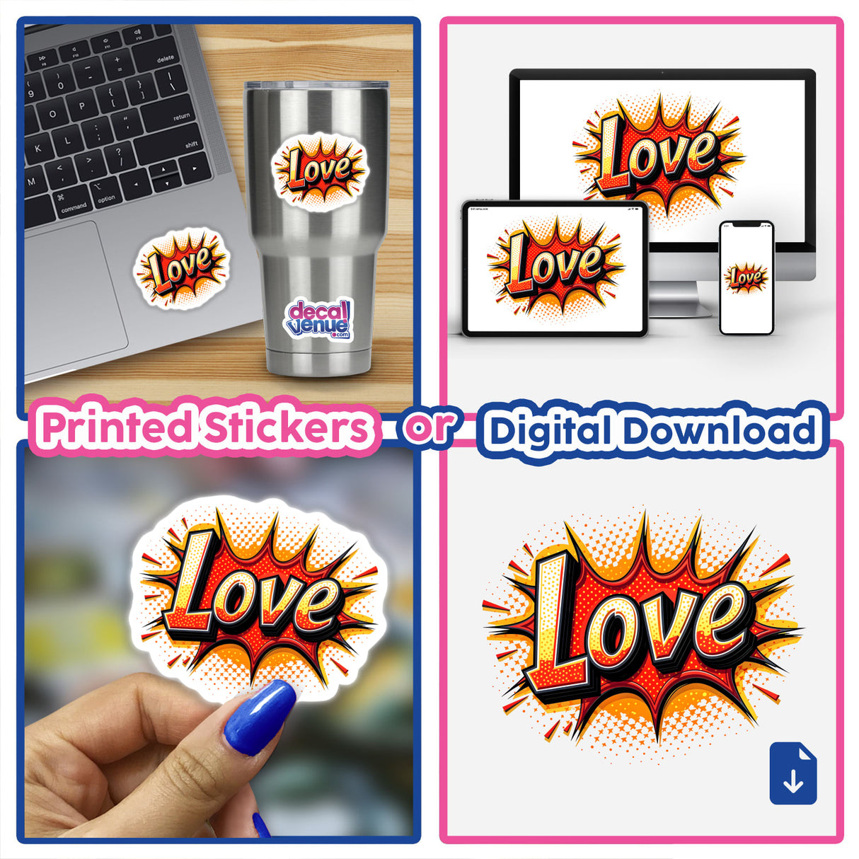 Love Valentine's Day stickers displayed on a laptop, showcasing a variety of designs including comic book-style words, perfect for personalizing your devices or digital art collections.