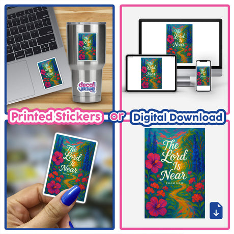 The Lord Is Near – Psalm 145:18 Fauvist Summer Floral Christian Sticker or Clipart, featuring bold florals and path to light, symbolizing divine presence; ideal for creative spiritual projects.