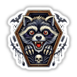 Scary Raccoon Vampire Halloween - Detailed digital artwork featuring a ferocious raccoon with fangs, in a hexagonal frame surrounded by bats and skulls.
