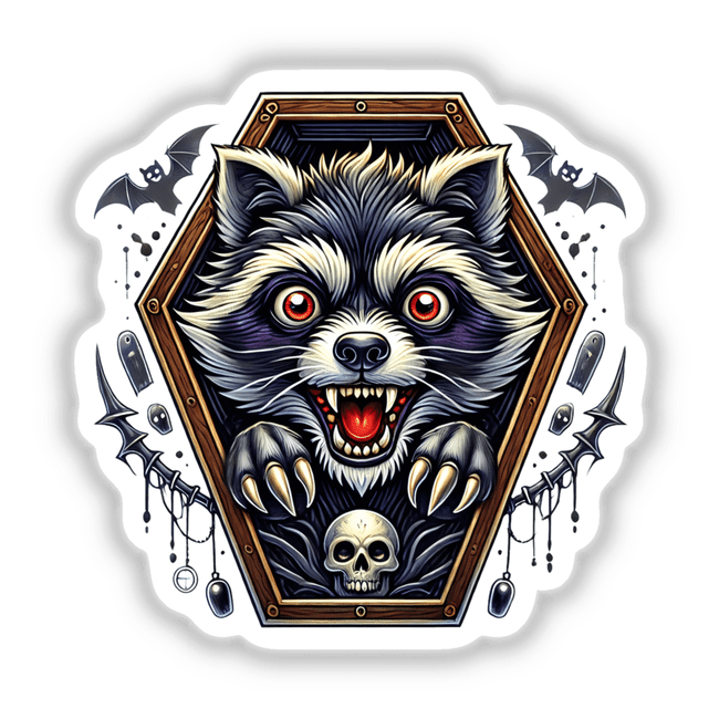 Scary Raccoon Vampire Halloween - Detailed digital artwork featuring a ferocious raccoon with fangs, in a hexagonal frame surrounded by bats and skulls.