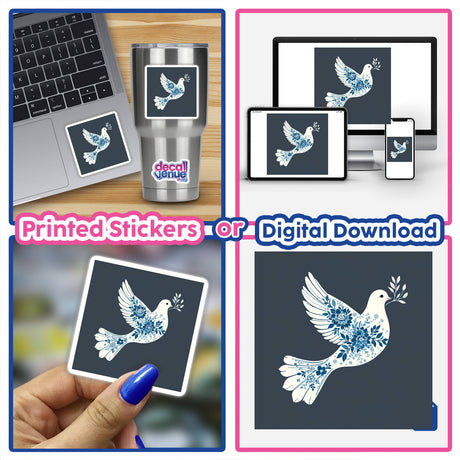 Chinoiserie Dove with Olive Branch sticker displayed on a laptop, featuring a white bird adorned with blue flowers, emphasizing unique design elements from Decal Venue's collection of stickers and digital artwork.
