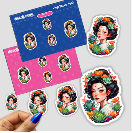 Asian Infusion Succulent Sticker featuring a botanical portrait design of a woman with flowers in her hair, available as stickers or digital artwork from Decal Venue.