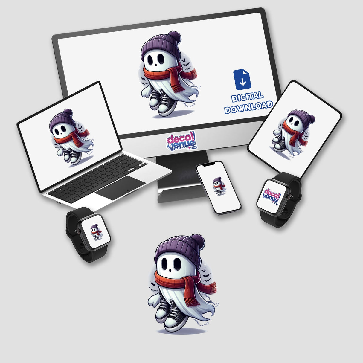Boy Ghost w/ Beanie and Sneakers on computer monitor and laptop screens, available as Stickers or Digital Artwork.
