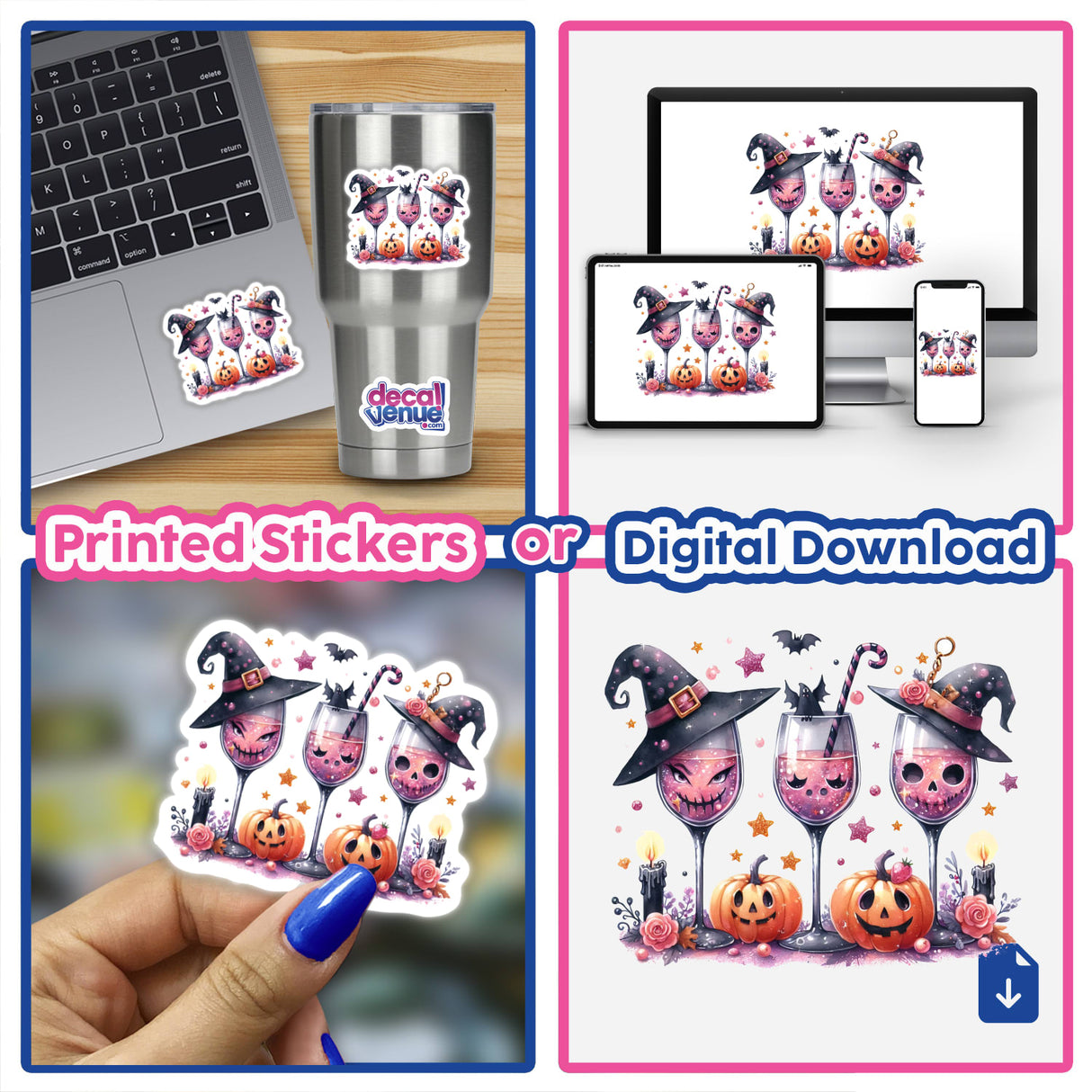 Collage featuring Halloween Witchy Wine Glasses stickers on laptops, cups, and digital artwork, highlighting unique witchy wine glass designs.