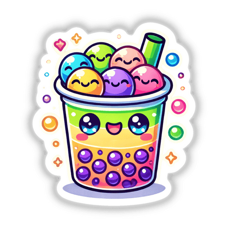 Cute Cartoon Boba Tea with Smiley Faces, available as stickers or digital artwork, featuring a cartoon bubble tea with adorable smiley faces and playful stars.