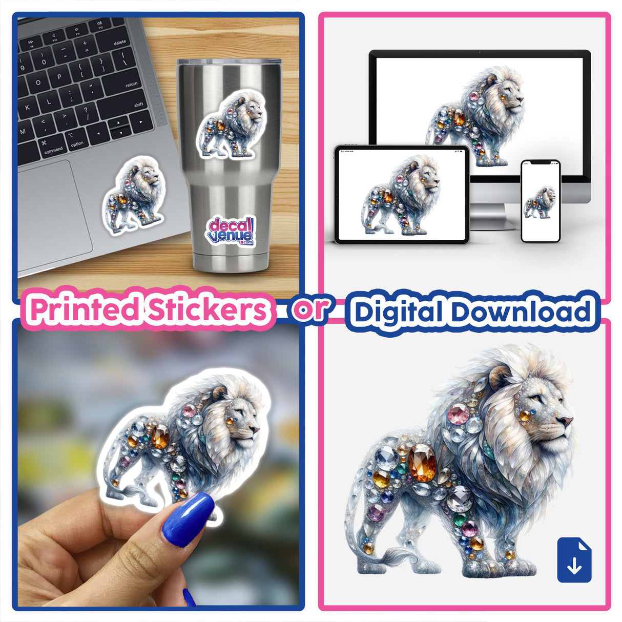 Lion Jewels and Gemstones: A collage featuring detailed lion stickers adorned with gems, showcased on a laptop and phone, plus close-ups of a hand holding the intricate designs.