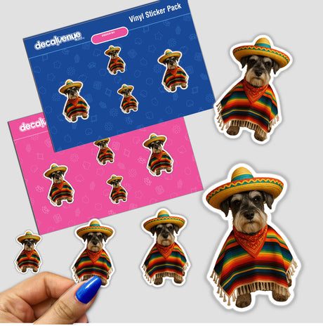 Cinco De Schnauzer sticker featuring a cartoon dog in a sombrero and serape, ideal for Cinco de Mayo celebrations; available as a sticker or digital artwork.