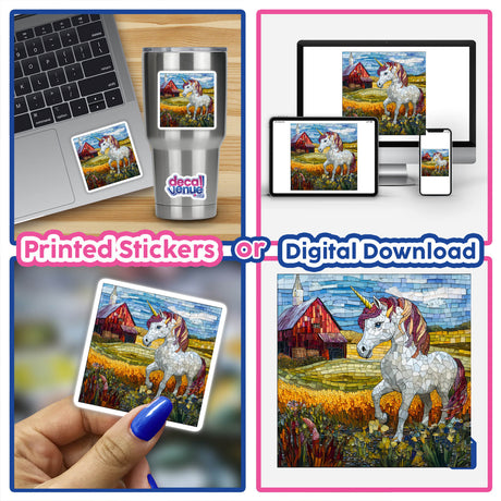 Collage featuring Unicorn and Farm Scene Mosaic as stickers or digital artwork, displayed on a laptop and mug, and held in hand.