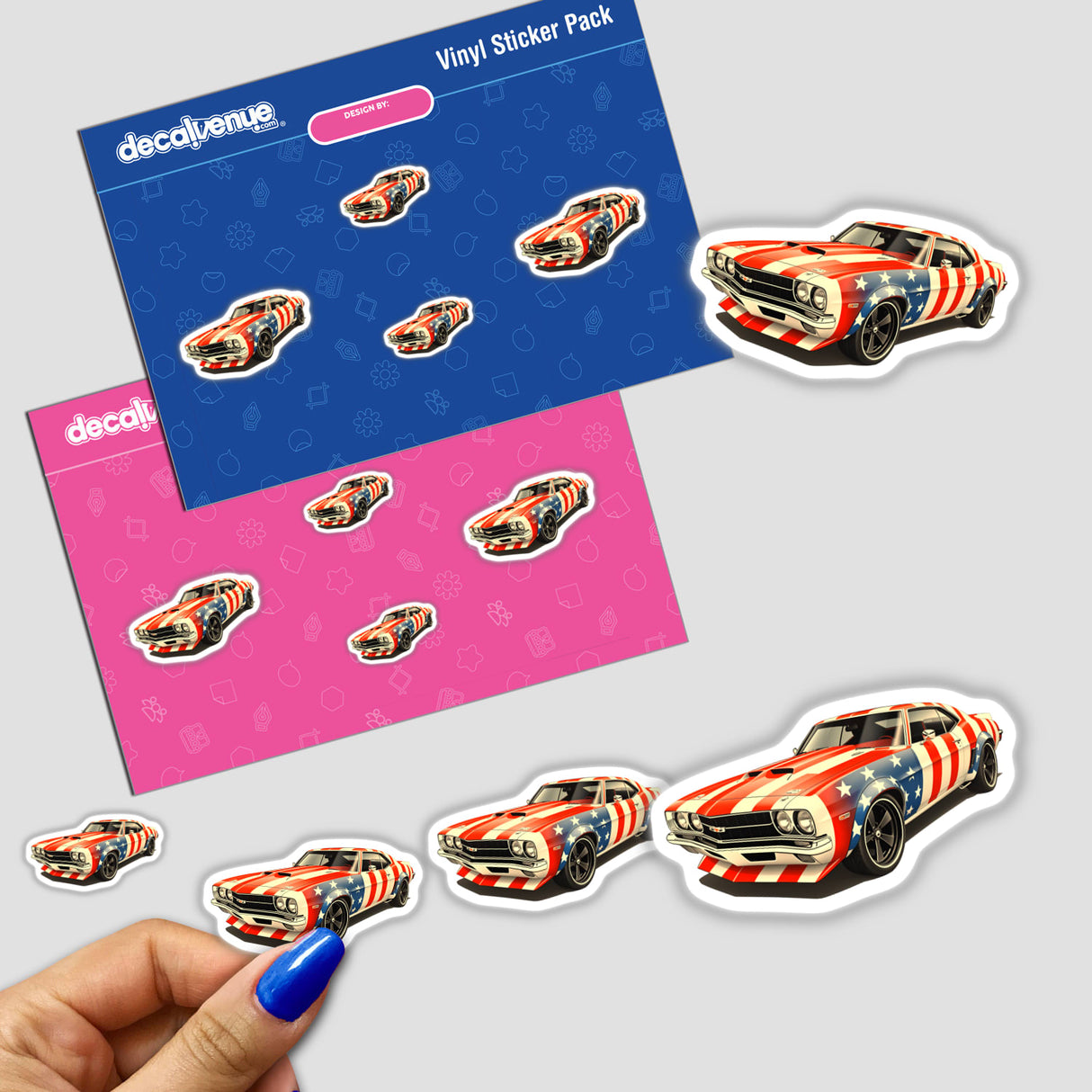 Sticker pack featuring a Cool American Flag Muscle Car design, showcasing cars with flag and stripe motifs, perfect for fans of unique vinyl decals from Decal Venue.