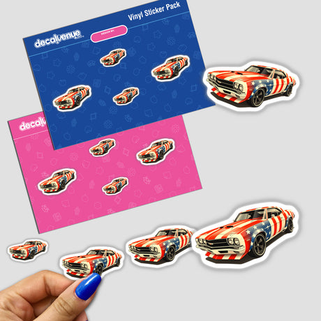 Sticker pack featuring a Cool American Flag Muscle Car design, showcasing cars with flag and stripe motifs, perfect for fans of unique vinyl decals from Decal Venue.