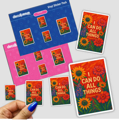 I Can Do All Things Christian Sticker or Clipart featuring Philippians 4:13 in elegant floral art, ideal for personal or commercial use, showcasing Decal Venue's unique vinyl sticker and digital art style.