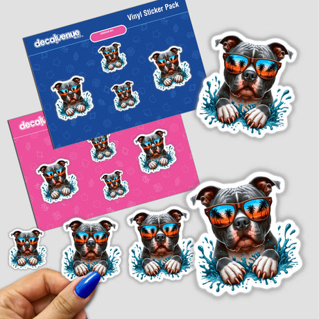 Peeking Pitbull Summer Splash: A sticker pack featuring cartoon dogs wearing sunglasses, showcasing playful and stylish designs. Available as vinyl stickers or digital artwork at Decal Venue.