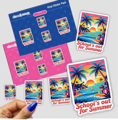 School's Out For Summer Quote sticker pack featuring palm trees and a sunset, available as both stickers and digital artwork from Decal Venue.
