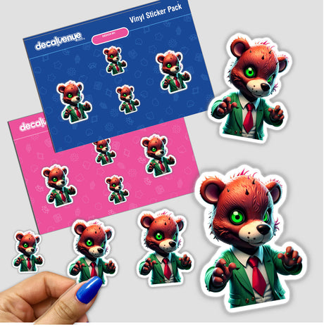 Sticker featuring the cartoon character A Macabre Scary Bear in a suit and tie, capturing a whimsical yet eerie design. Available as part of Decal Venue's unique vinyl stickers collection.