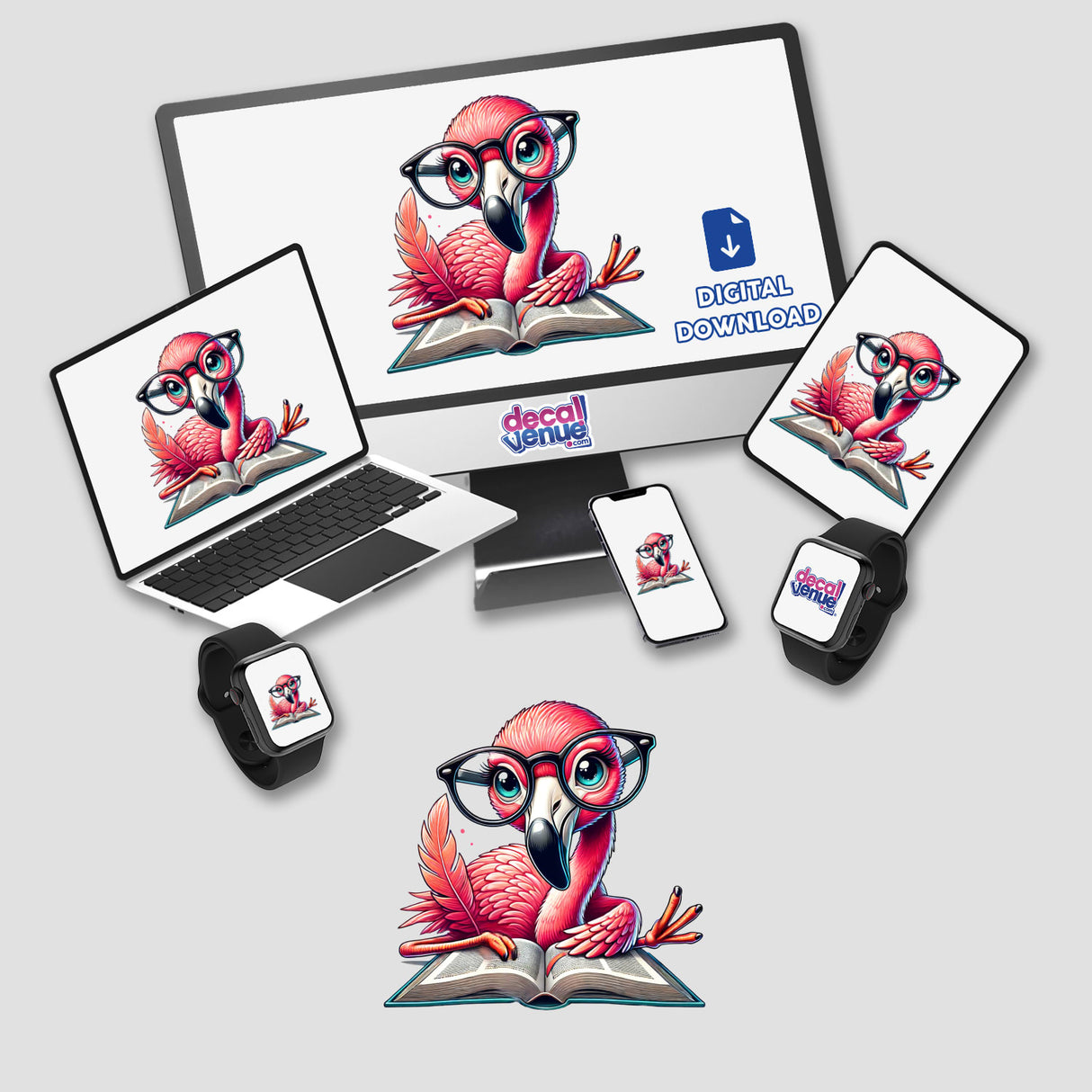 Flamingo With Reading Glasses Open Book