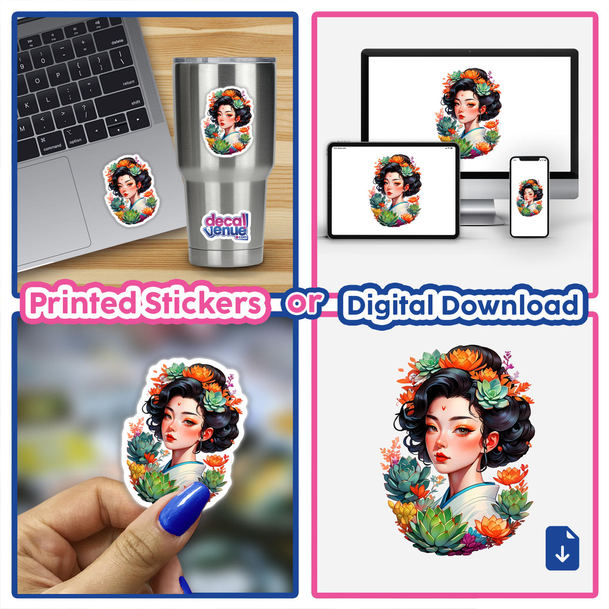 Asian Infusion Succulent Sticker featuring a beautiful botanical portrait design, showcasing a woman with flowers in her hair, available as stickers or digital artwork from Decal Venue.