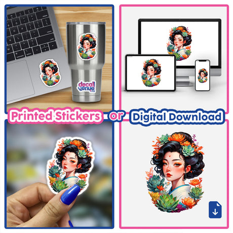 Asian Infusion Succulent Sticker featuring a beautiful botanical portrait design, showcasing a woman with flowers in her hair, available as stickers or digital artwork from Decal Venue.