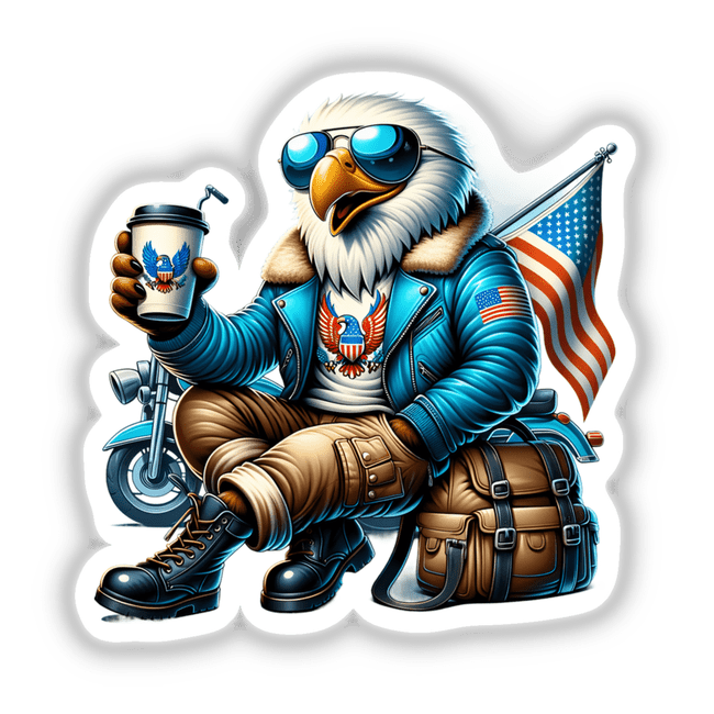 Patriotic eagle in motorcycle gear with coffee cup, American flag, and sunglasses