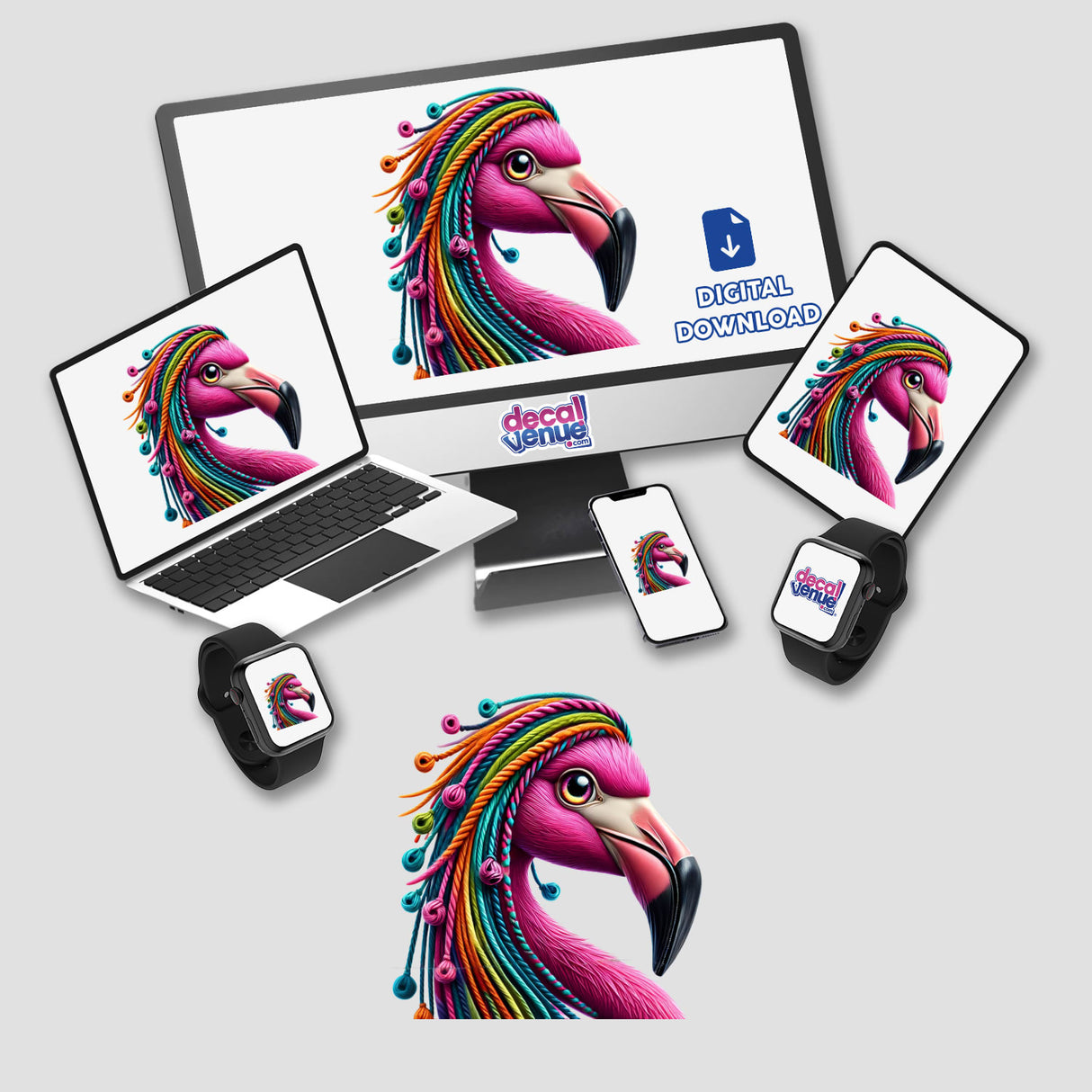 Flamingo with Yarn Hair: A computer monitor and laptop display a pink flamingo with colorful yarn hair. Available as stickers or digital artwork.