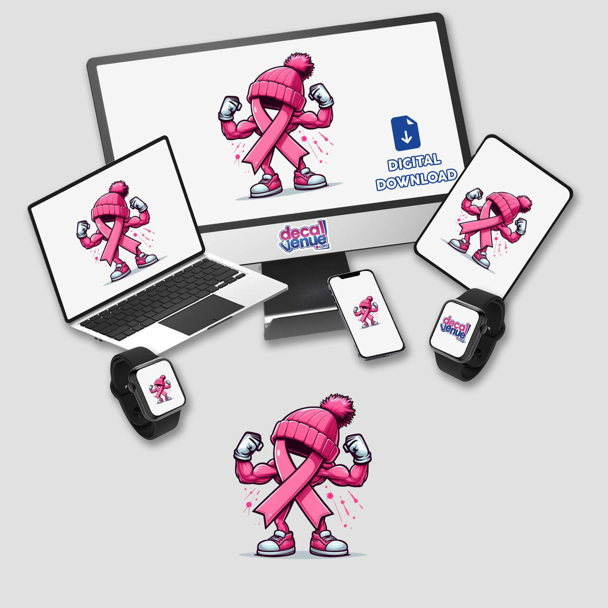 Flexing Pink Breast Cancer Ribbon Beanie III displayed on a computer monitor and laptop screen with a pink ribbon cartoon, available as stickers or digital artwork.