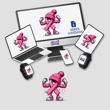 Flexing Pink Breast Cancer Ribbon Beanie III displayed on a computer monitor and laptop screen with a pink ribbon cartoon, available as stickers or digital artwork.