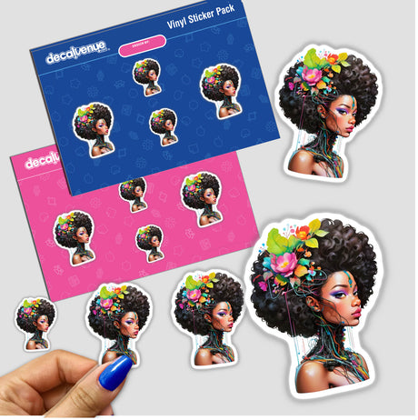Sticker Design: Afro Portrait with Wires and Cables features a woman's head with a large afro adorned with flowers, emphasizing unique, artistic elements. Available as stickers or digital artwork.