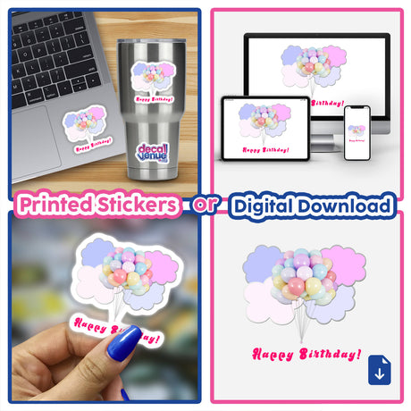 Pastel balloons floating in pink and lavender clouds on a blank background. Printed stickers or digital artwork for a birthday celebration.