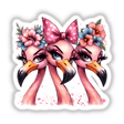 Sassy Flamingo Trio Birds illustration featuring cartoon flamingos adorned with flowers on their heads, available as unique stickers or digital artwork from Decal Venue.