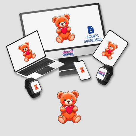 Cute Valentine's Day Teddy Bear displayed on a computer monitor, laptop, and tablet, each showing a cartoon bear holding a heart. Available as stickers or digital artwork.