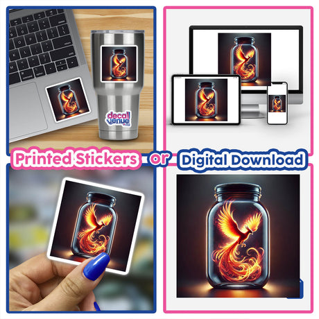 Phoenix in a Jar - Flaming Bird Encased in Glass collage on a laptop screen, showcasing the mystical design available as wall art stickers or digital downloads.