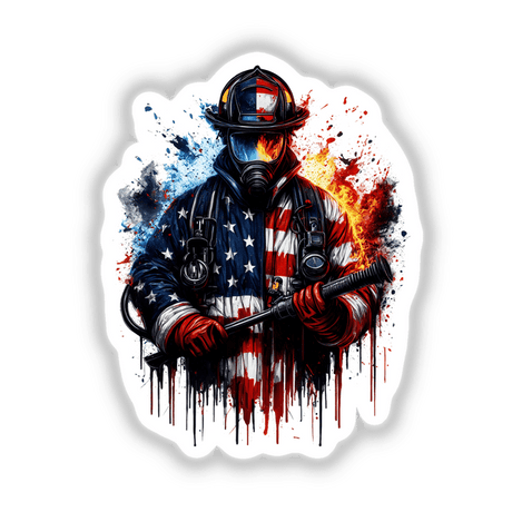 Bold American firefighter in uniform with flames and US flag background