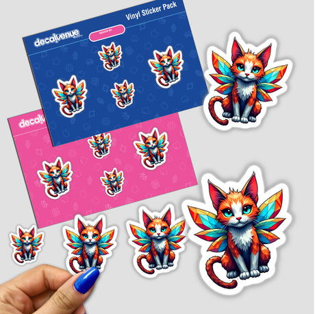 A Cute Geometric Fairy Cat sticker featuring whimsical cat designs with wings, showcasing both sticker and digital artwork options from Decal Venue.