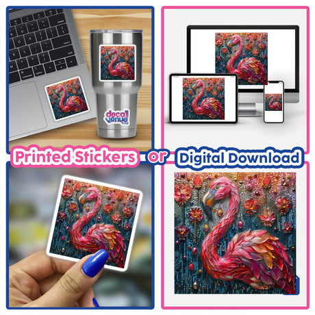 Flamingo Mosaic Jewels: A collage featuring flamingo images, including close-ups, digital artwork, and a floral flamingo, available as stickers or digital art.